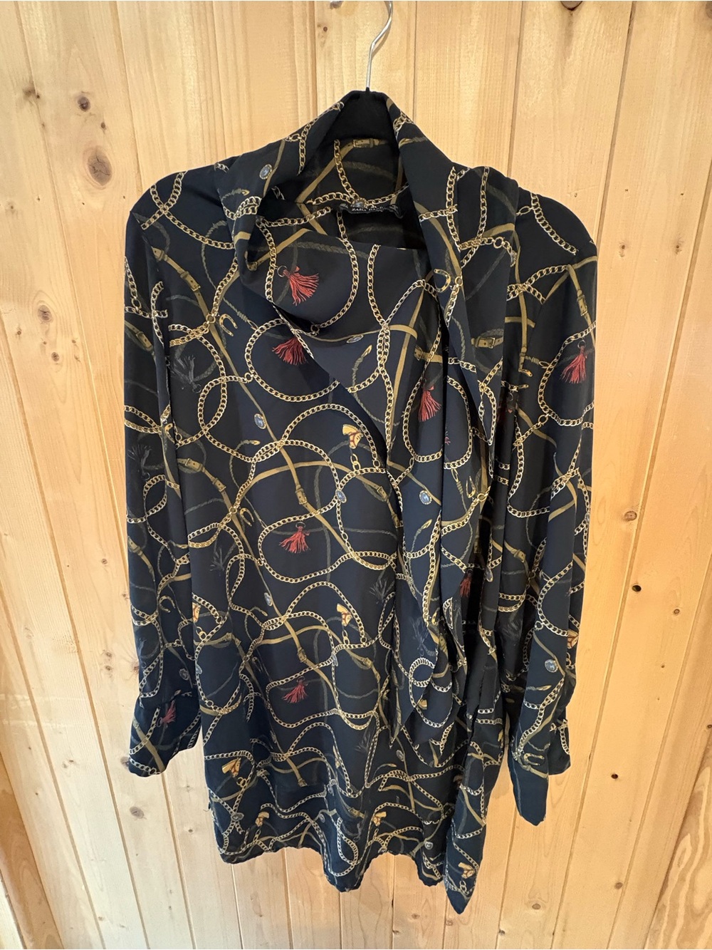 Zara Black Blouse with Gold Chain Print